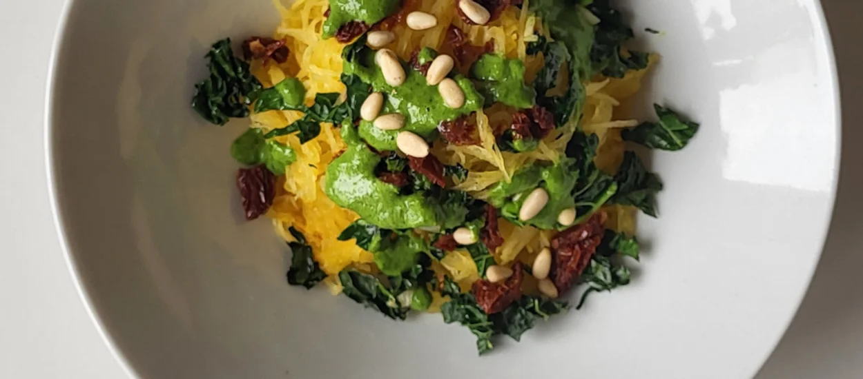 Roasted Spaghetti Squash with Kale Pesto and Sun-Dried Tomatoes