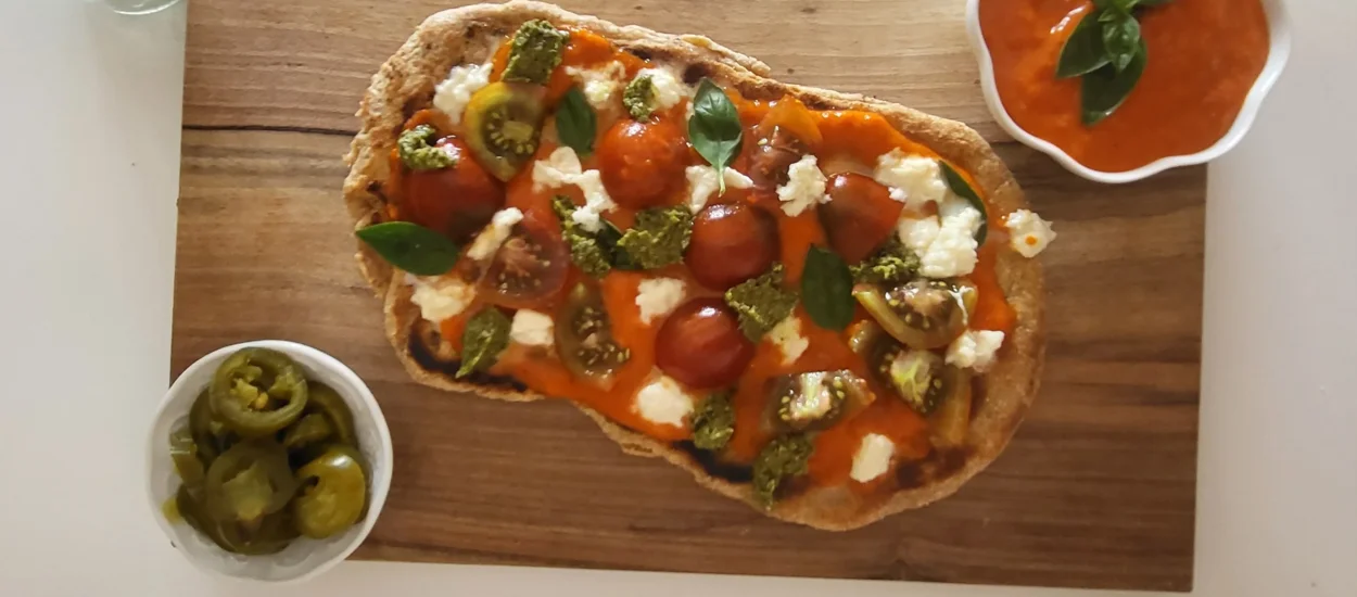 Easy Oat & Yogurt Flatbread with Fresh Tomatoes and Herb Sauce